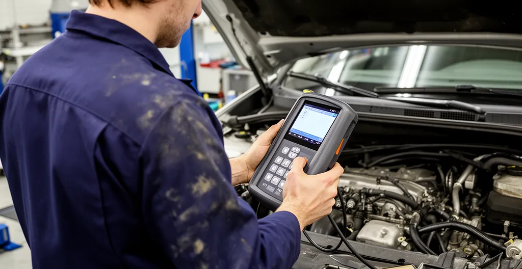 Technicien examinant le compartiment moteur avec un outil diagnostic